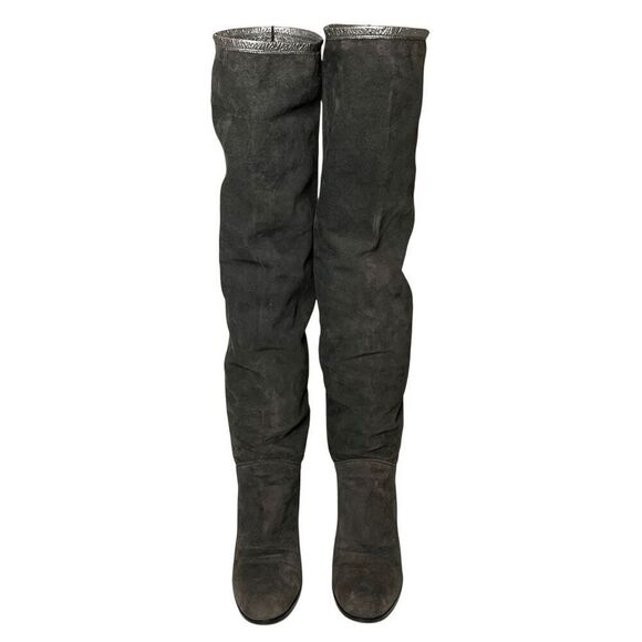 Chanel Interlocking C Grey Suede Fold Over Metallic Thigh Knee High Boots EU 38 - Picture 2 of 11